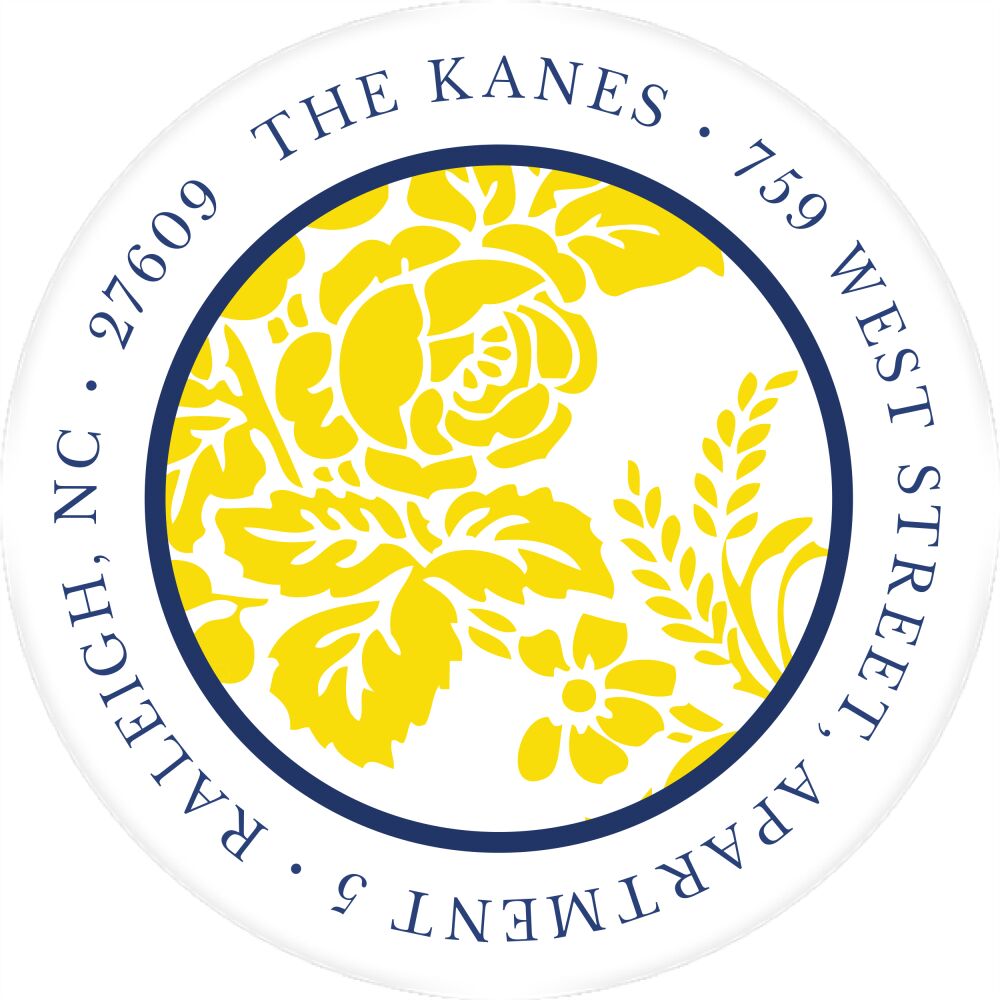 Yellow Flourish Posh with Navy Ink Round Address Label