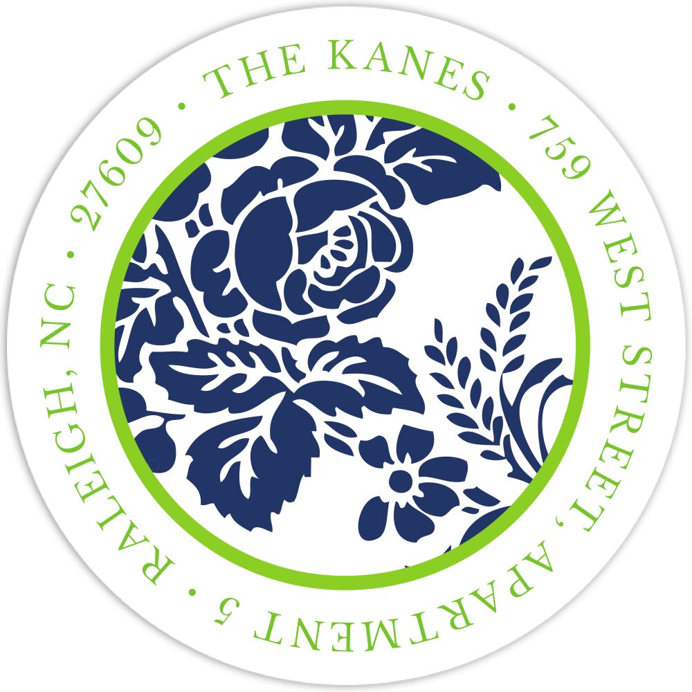Navy Flourish Posh with Green Ink Round Address Label