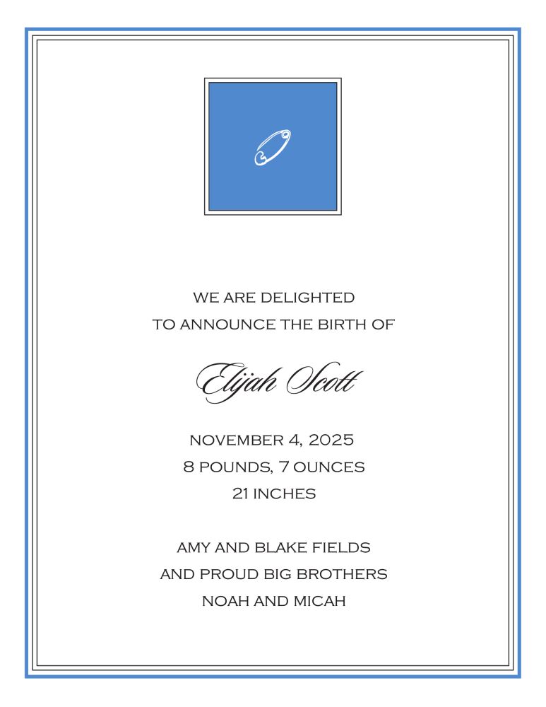 Diaper Pin Blue Boy Birth Announcement