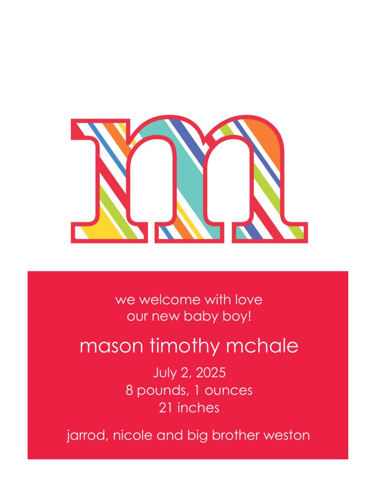 Big Letter Multi Stripe Boy Birth Announcement