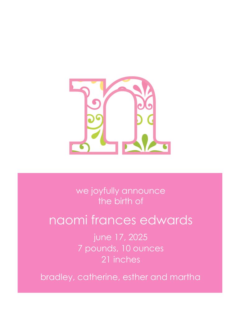 Big Letter Scrolls Girl Birth Announcement