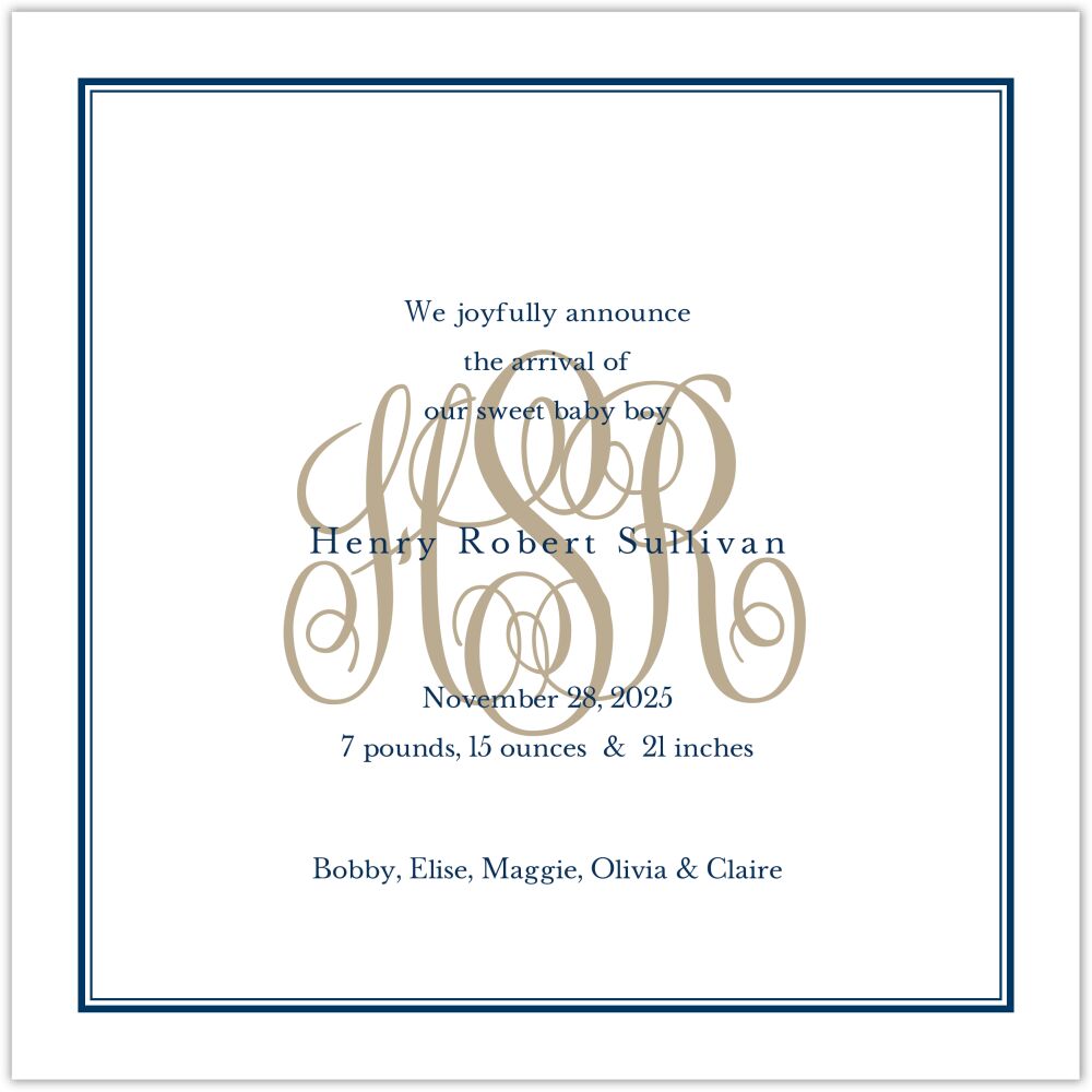 Tailored Monogram Navy Boy Birth Announcement