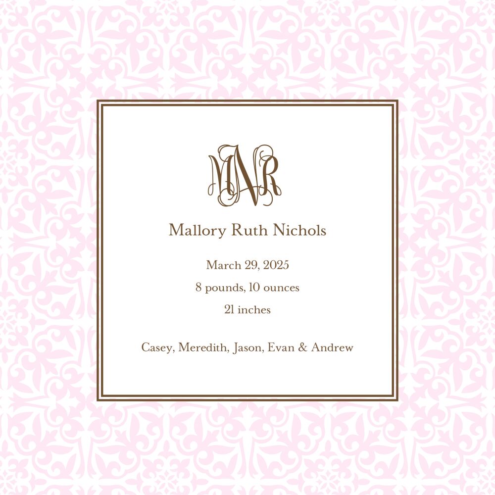 Pretty Pattern Baby Pink Square Girl Birth Announcement