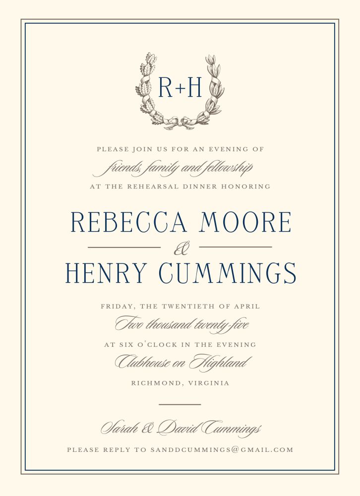 Ribboned Wreath On Ivory Grey Invitation