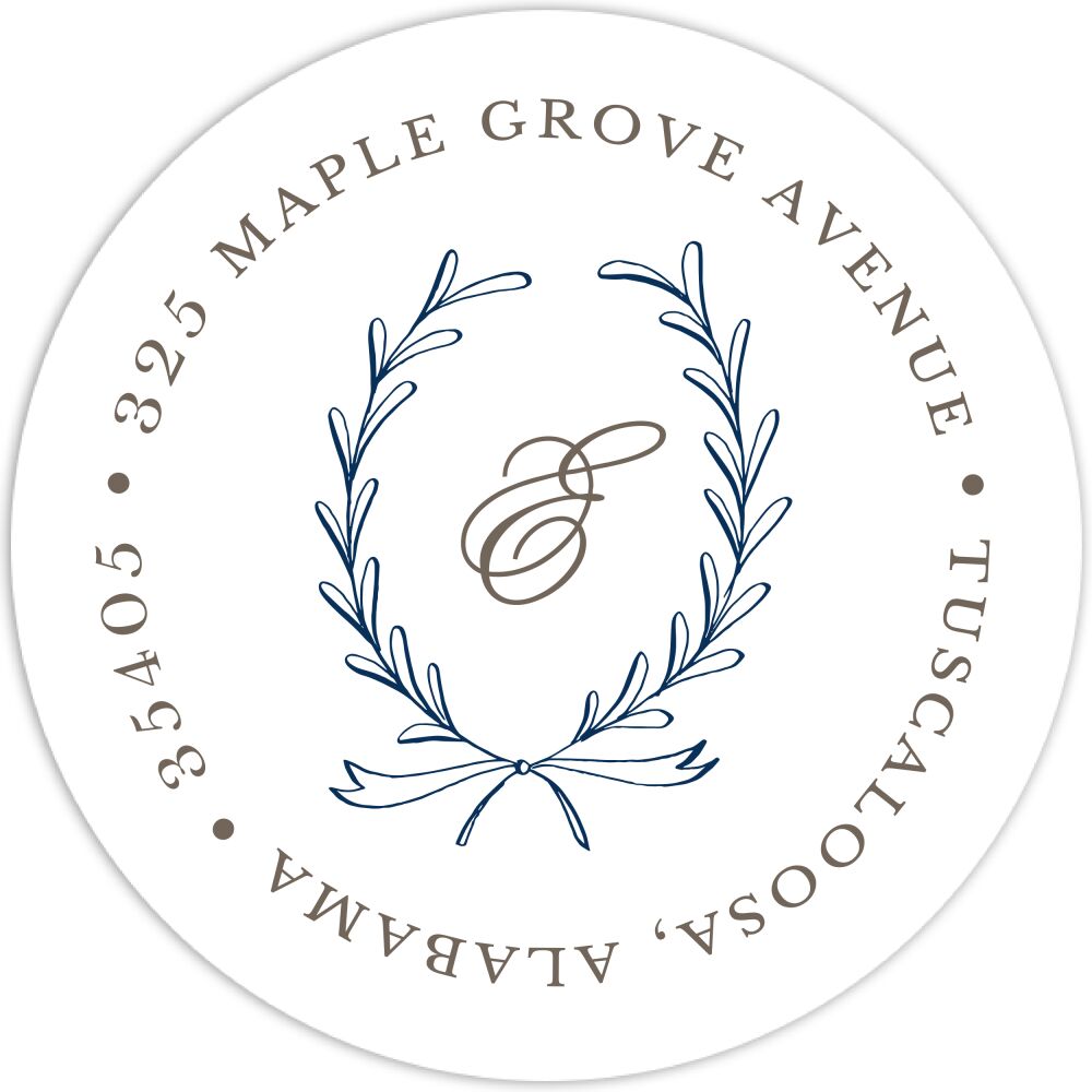 Laurel Wreath Navy Round Address Label