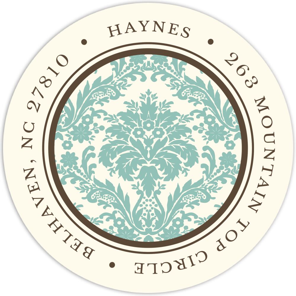 Damask On Ivory Light Teal Round Address Label