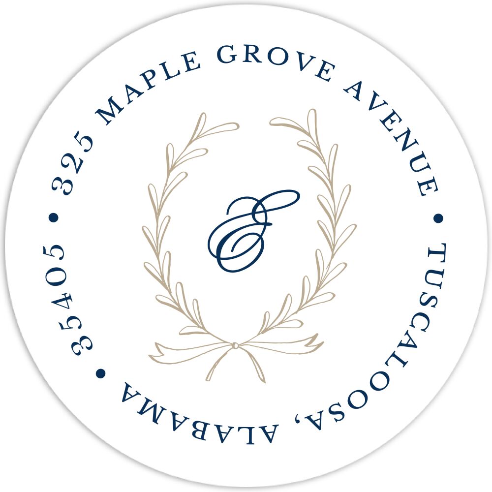 Laurel Wreath Tan Round Address Label