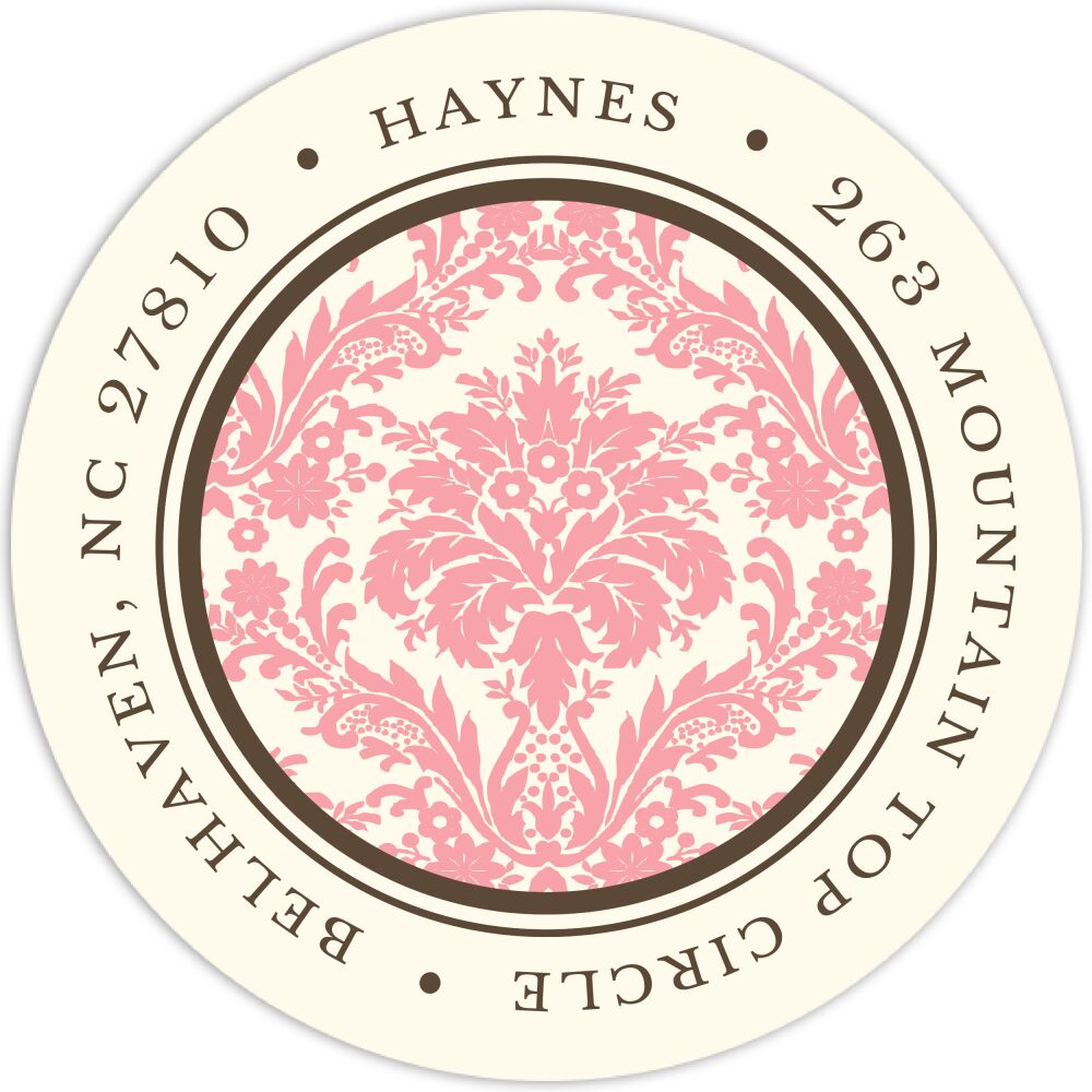 Damask On Ivory Pink Round Address Label