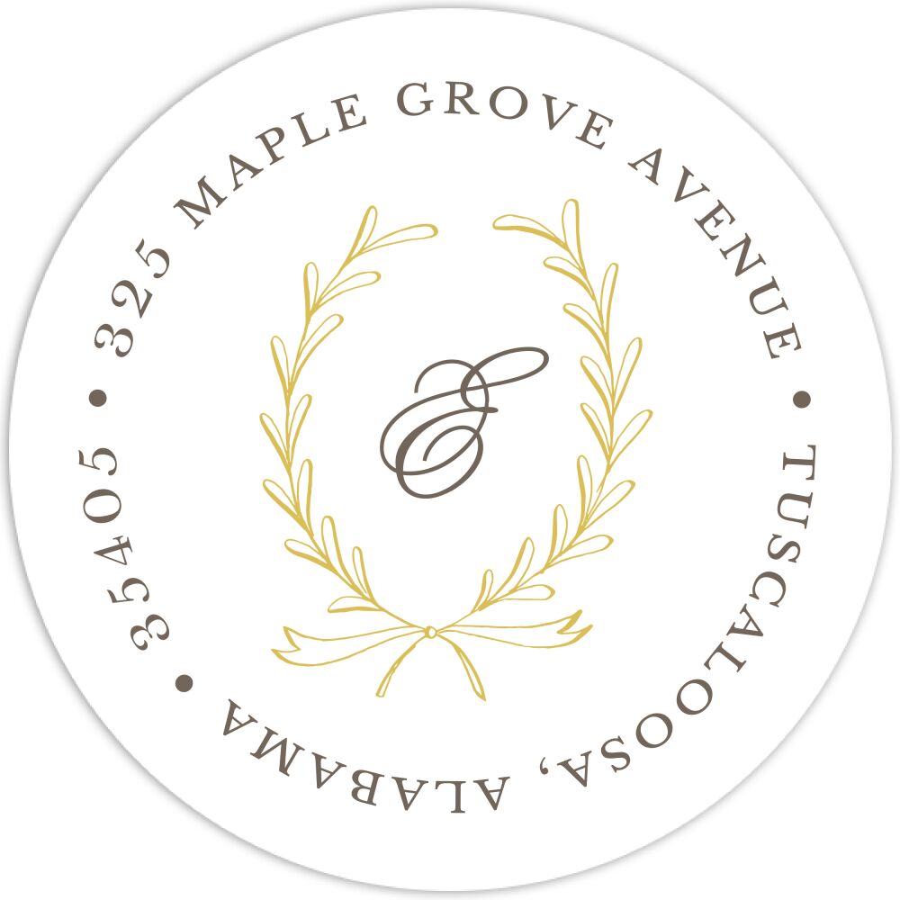 Laurel Wreath Mustard Round Address Label
