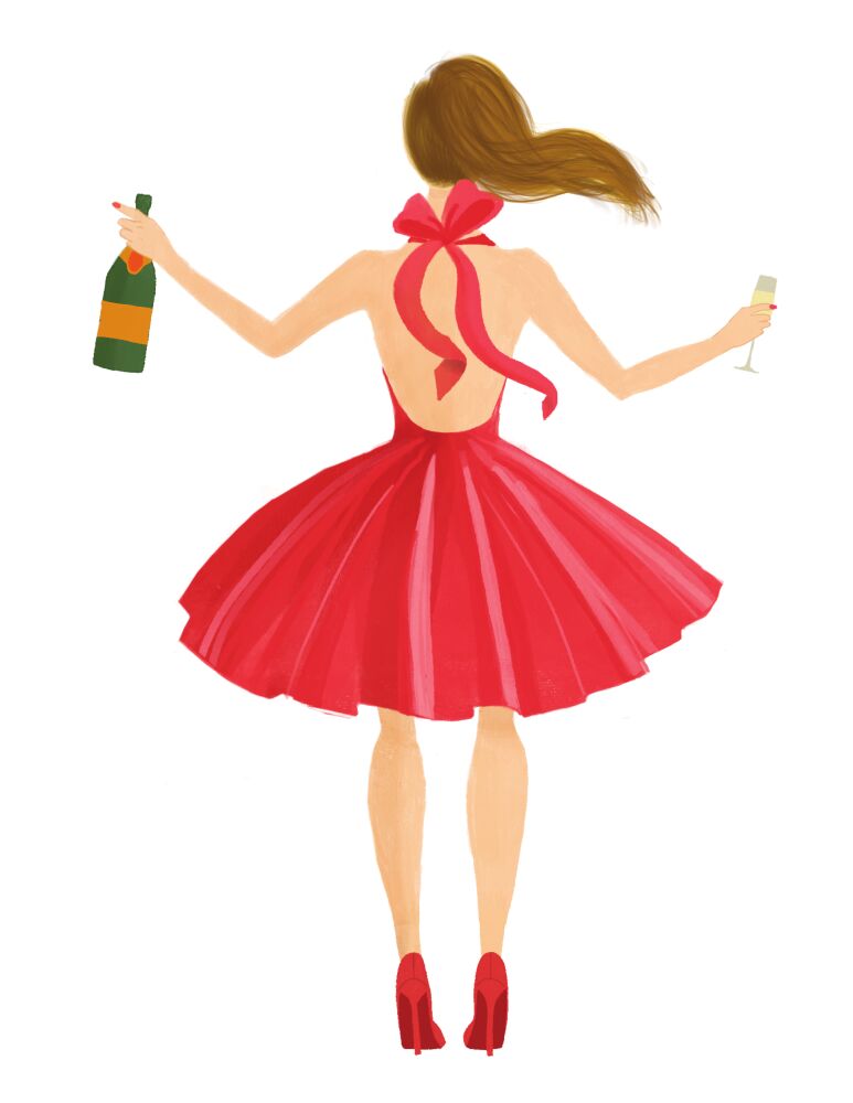 Holiday Girl with Champagne Brunette Folded Holiday Greeting Card 