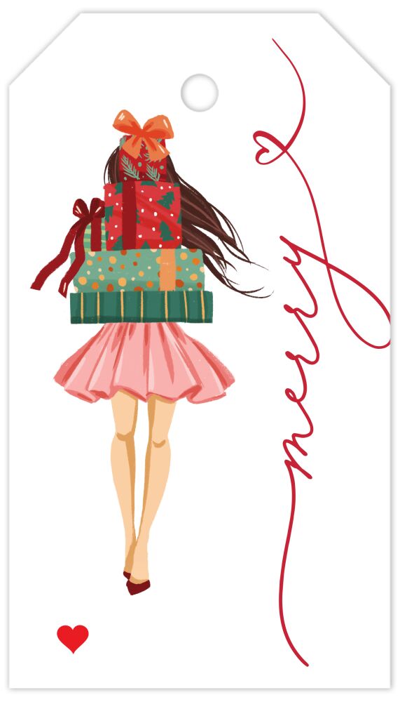 Merry Holiday Girl with Gifts Brunette Hanging Gift Tag 