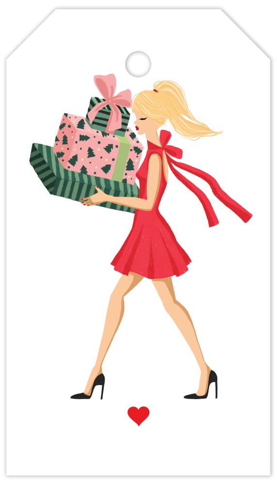Holiday Girl with Gifts Blonde Hanging Gift Tag
