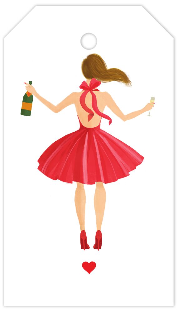 Holiday Girl with Champagne Brunette Hanging Gift Tag