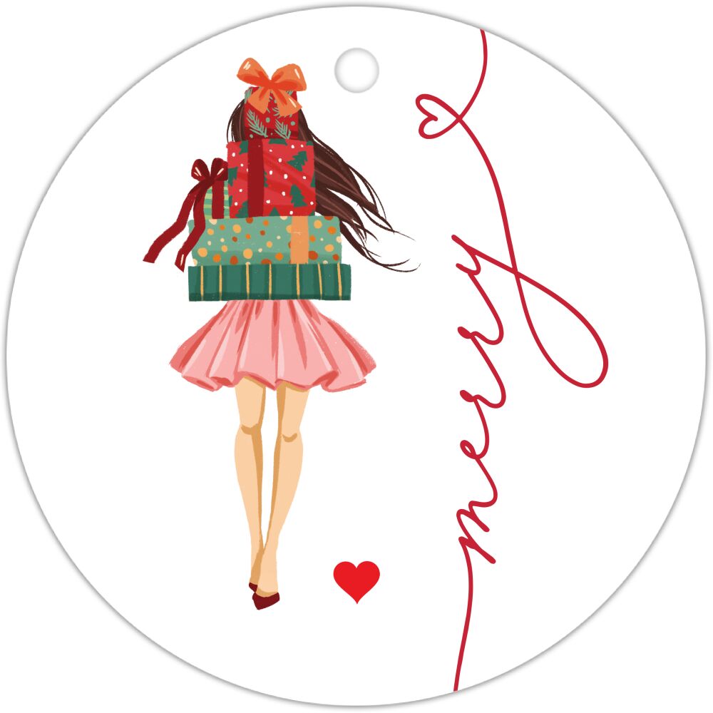 Merry Holiday Girl with Gifts Brunette Round Hanging Gift Tag