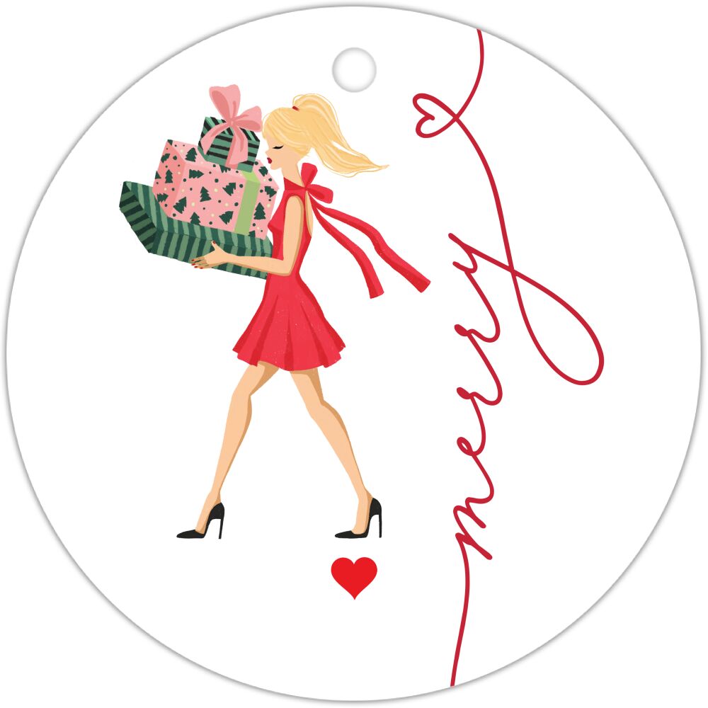 Merry Holiday Girl with Gifts Blonde Round Hanging Gift Tag