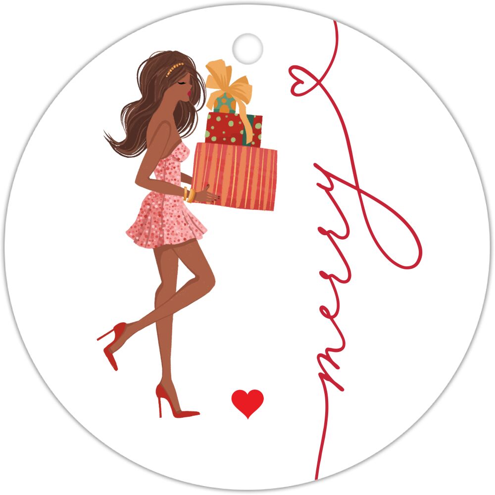 Merry Holiday Girl with Gifts Multicultural Round Hanging Gift Tag