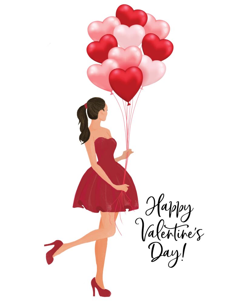 Holiday Girl with Heart Balloons Brunette Folded Note