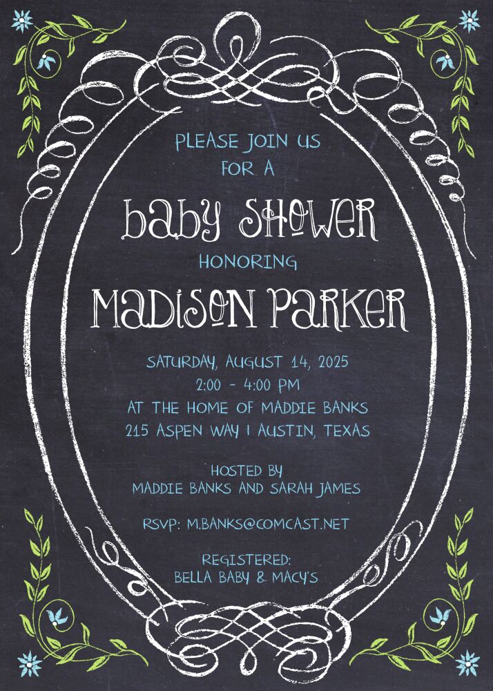 Sweet Blue Chalkboard Baby Shower Invitation 