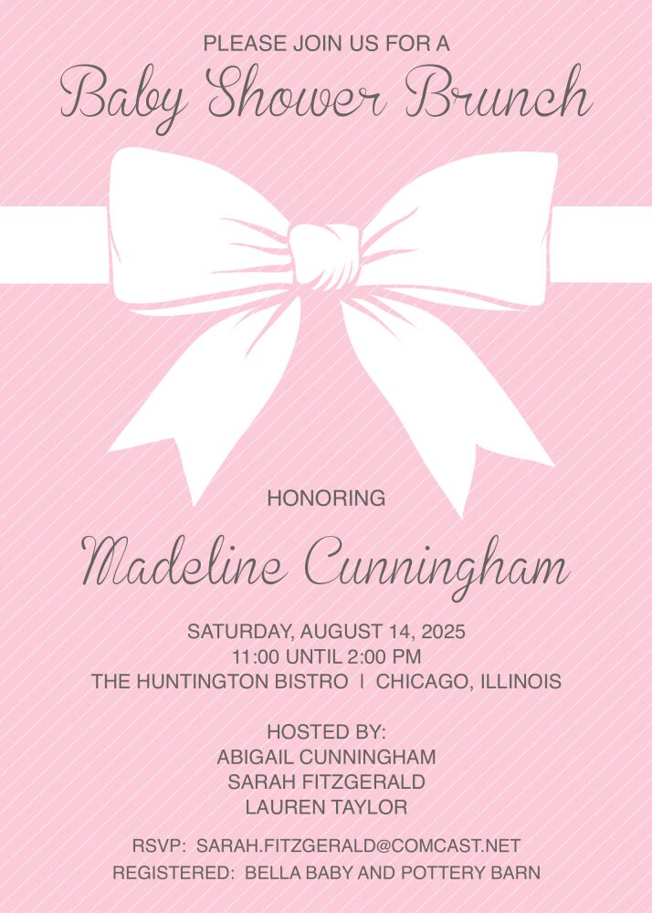 Sweet Pink Baby Shower Bow Invitation 