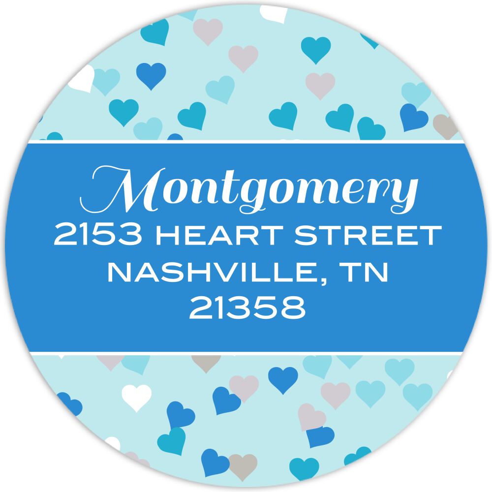 Blue Confetti Hearts Round Address Label