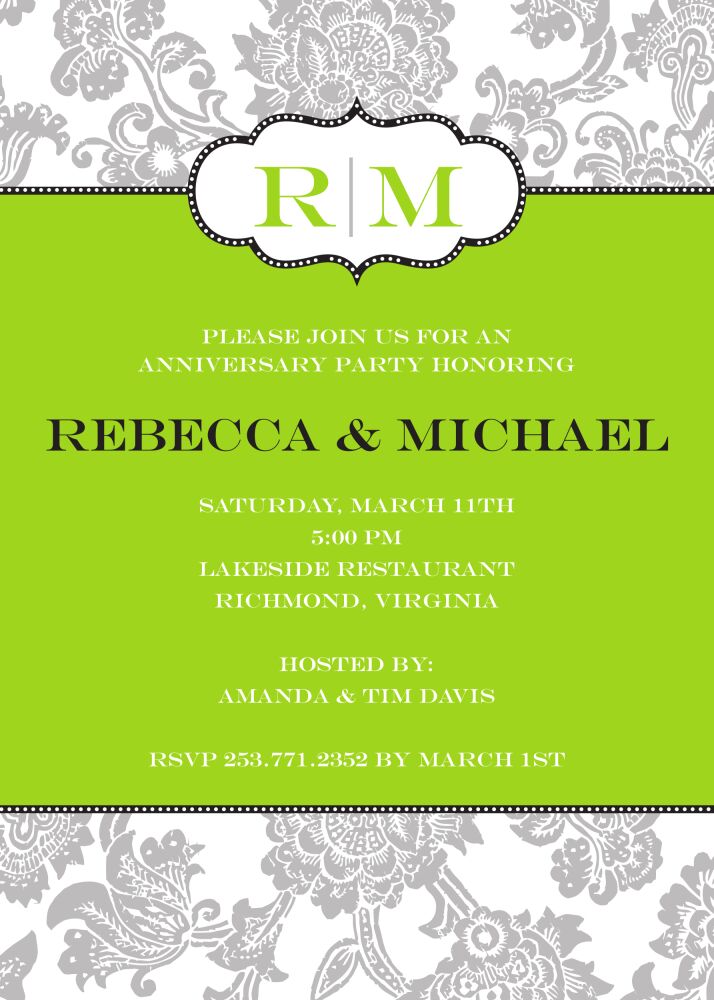 Grey Floral Pattern on White and Green Invitation 