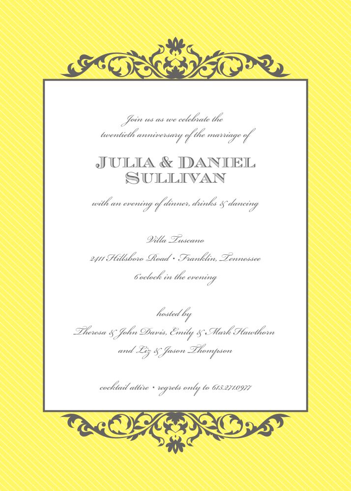 Grey Fleurish on Yellow Diagonal Stripes Invitation 