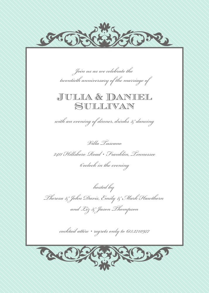 Grey Fleurish on Aqua Diagonal Stripes Invitation 