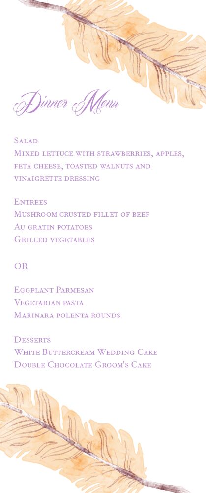 Watercolor Feathers Menu Card