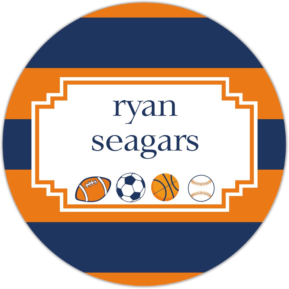 Sports Circle Gift Sticker With Orange And Navy Stripes