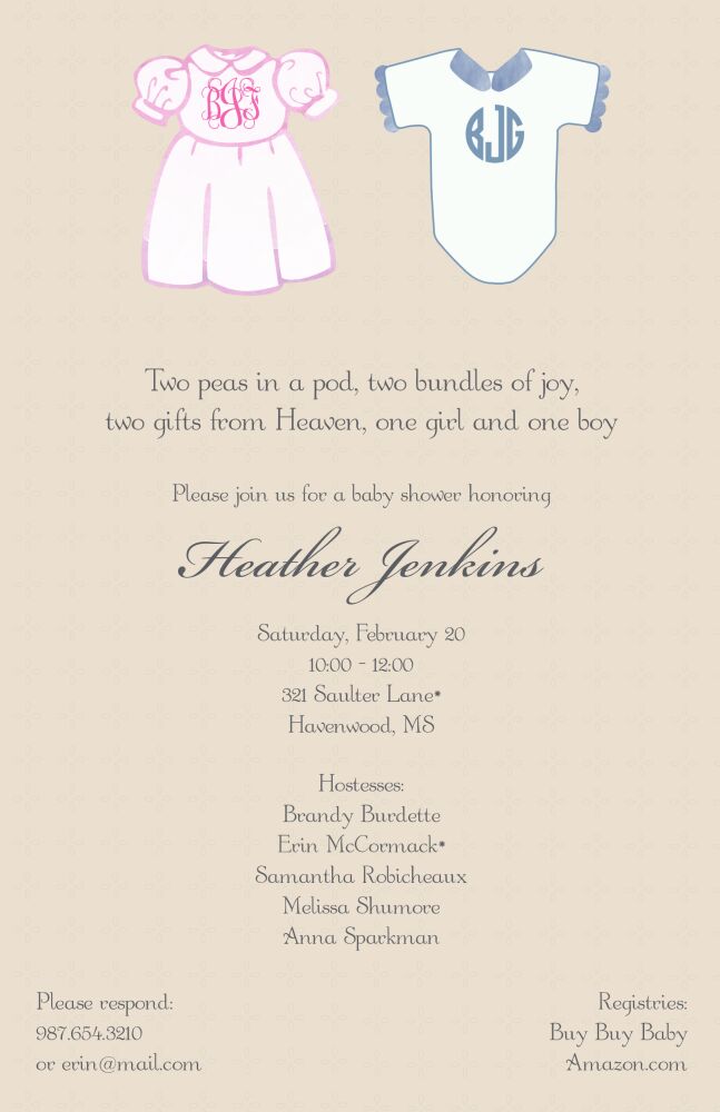 Boy and Girl Twin Monogrammed Clothes Invitation