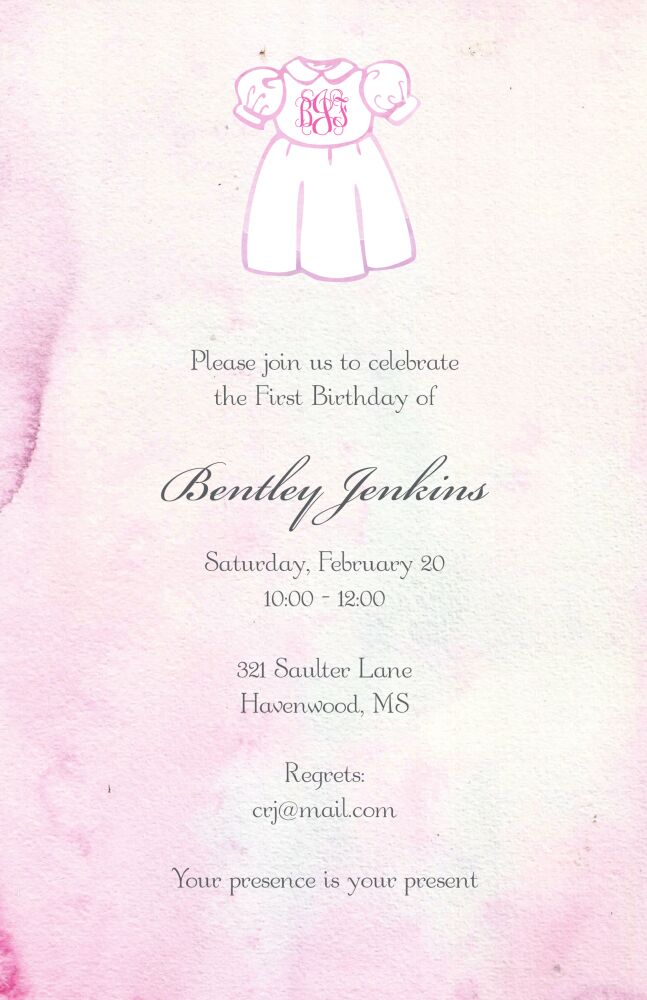 Sweet Baby Girl Monogrammed Dress Watercolor Invitation