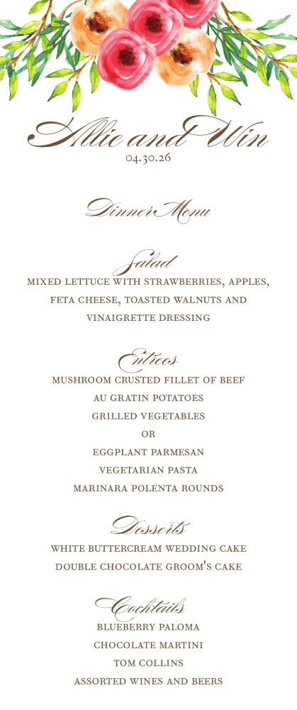 Watercolor Florals Menu Card