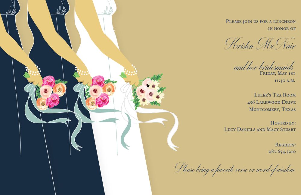 Bride and Bridesmaids on Tan Invitation
