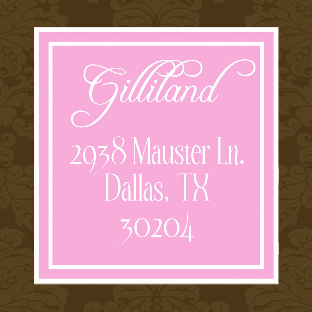 Brown and pink damask return address label