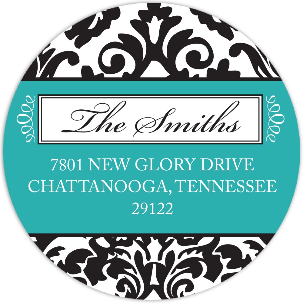 Damask Black and Turquoise Label