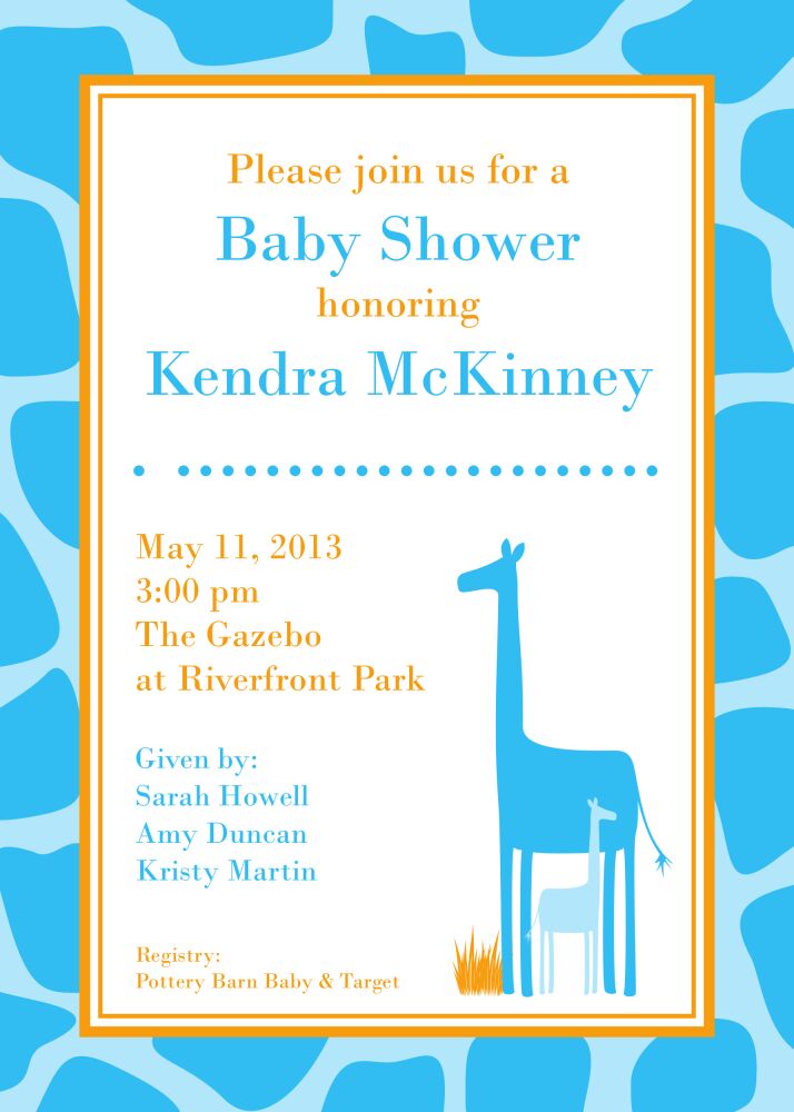 Blue Giraffe Shower Invitation 