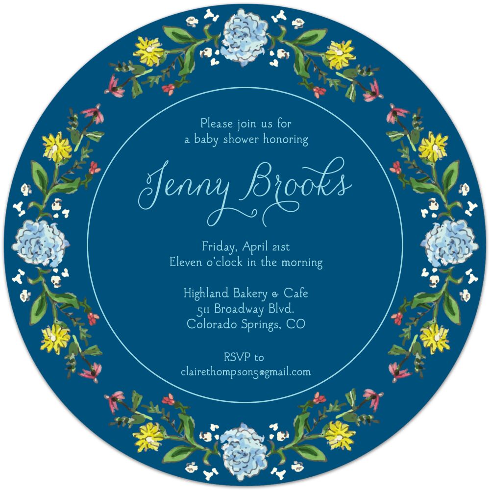 Circle of Spring Florals (Navy) Round Invitation 
