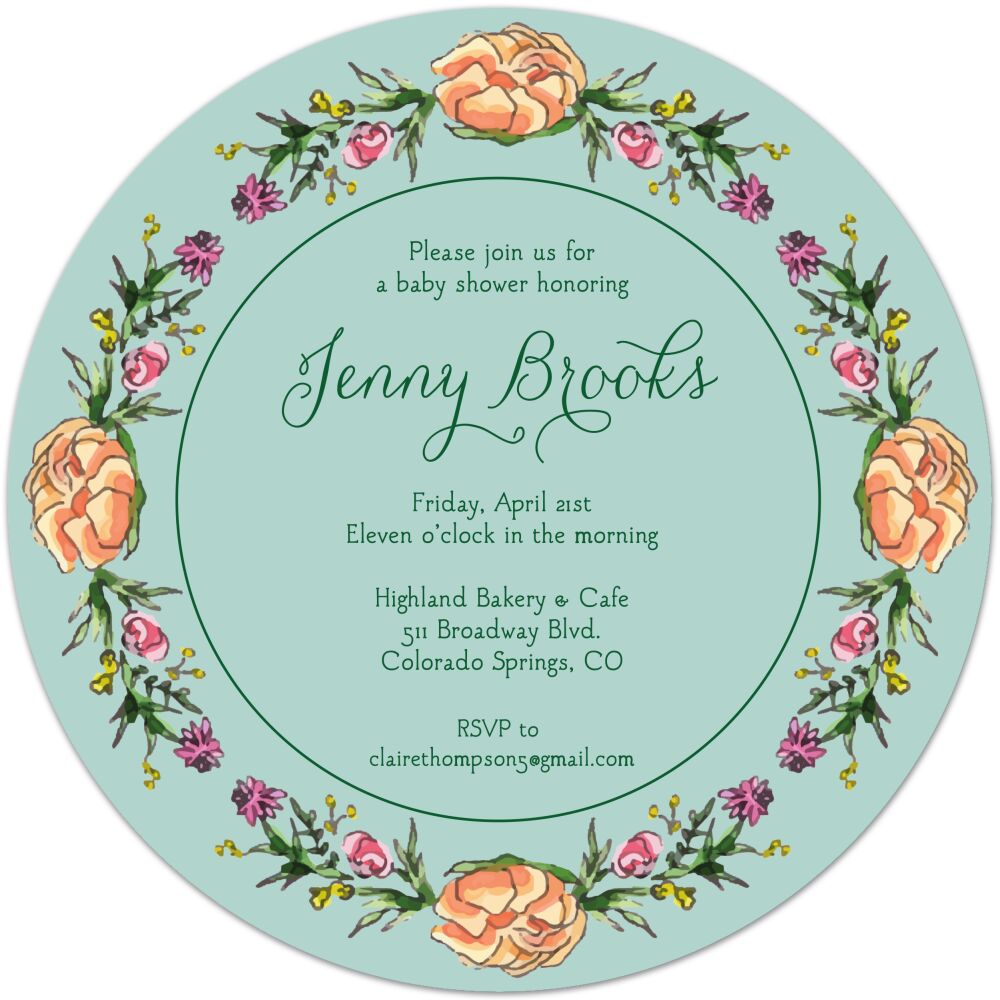 Peonies & Roses (Seafoam) Round Invitation 