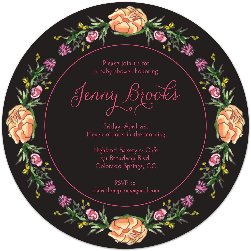 Peonies & Roses (Black) Round Invitation
