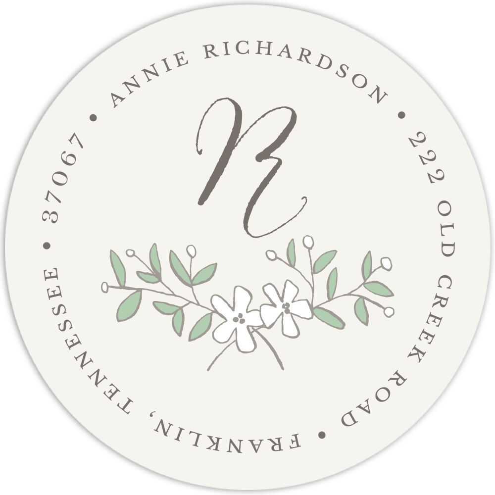 White Flowers Round Address Label
