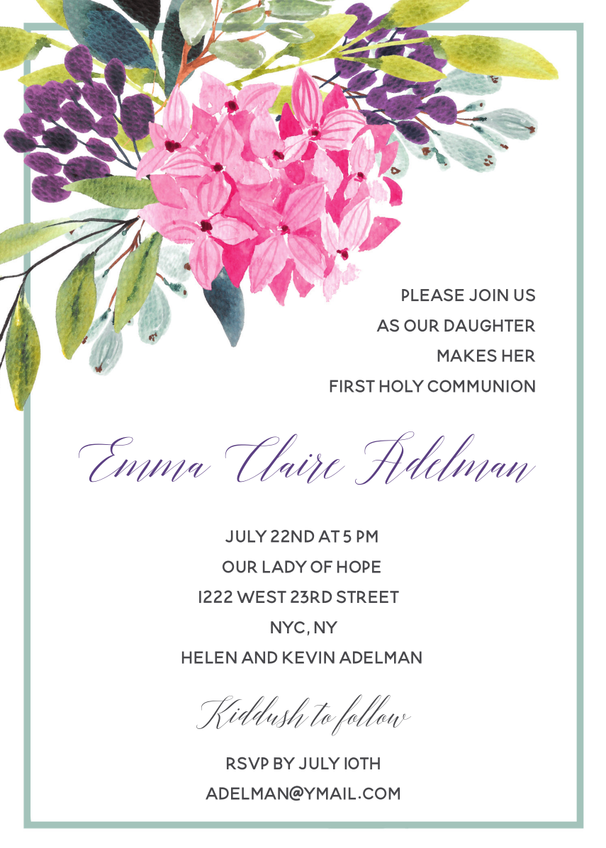 First Holy Communion Party Invitations floral corners